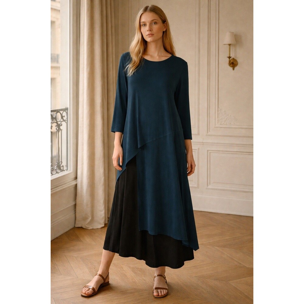 SUN KIM Womens Long Sleeve Asymmetrical Maxi Dress Navy blue Lagenlook Size L